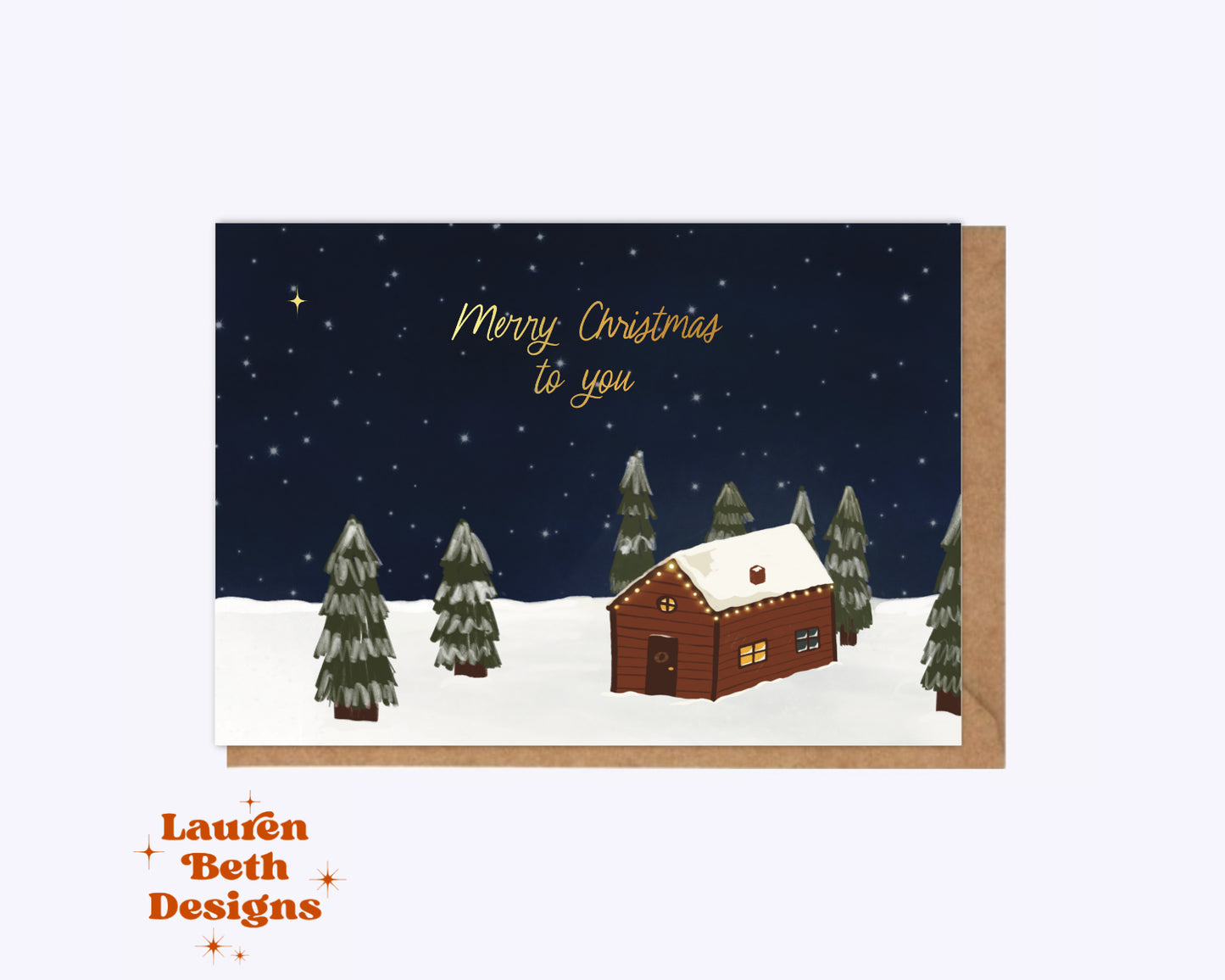 Christmas Cabin Gold Foil Christmas Card