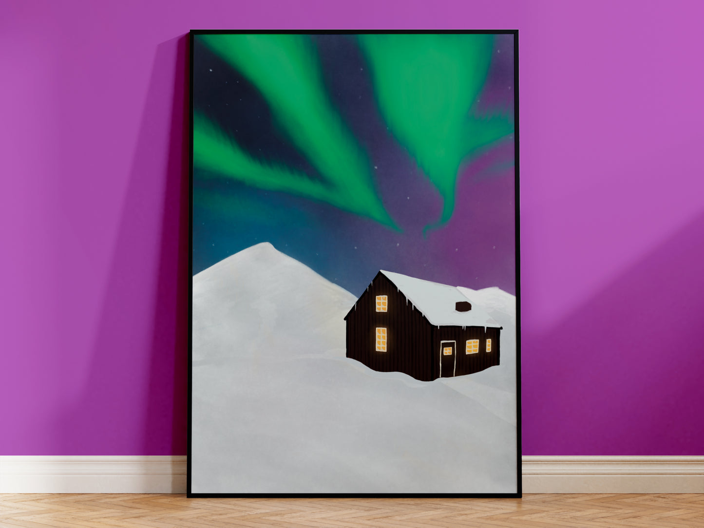 Iceland - Northern Lights Cabin Illustrated Print