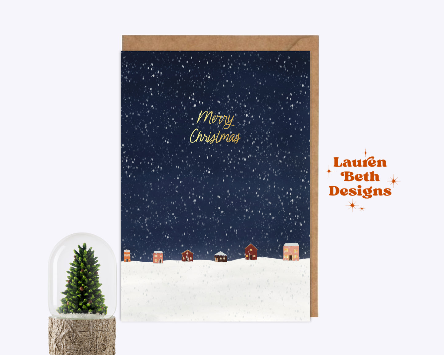 Snowy Houses Gold Foil Christmas Card
