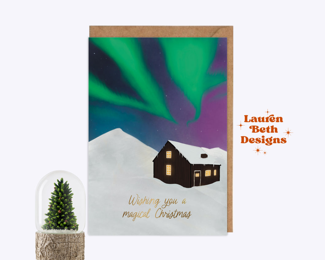 Northern Lights Cabin Gold Foil Christmas Card