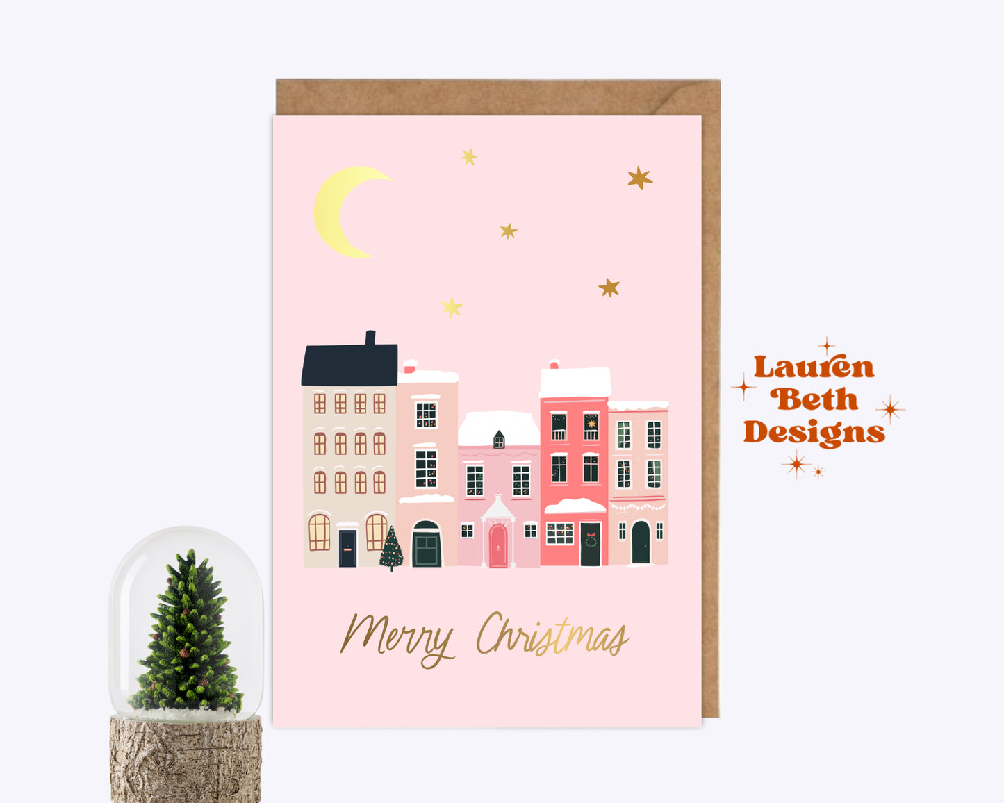 Pink Houses Gold Foil Christmas Card