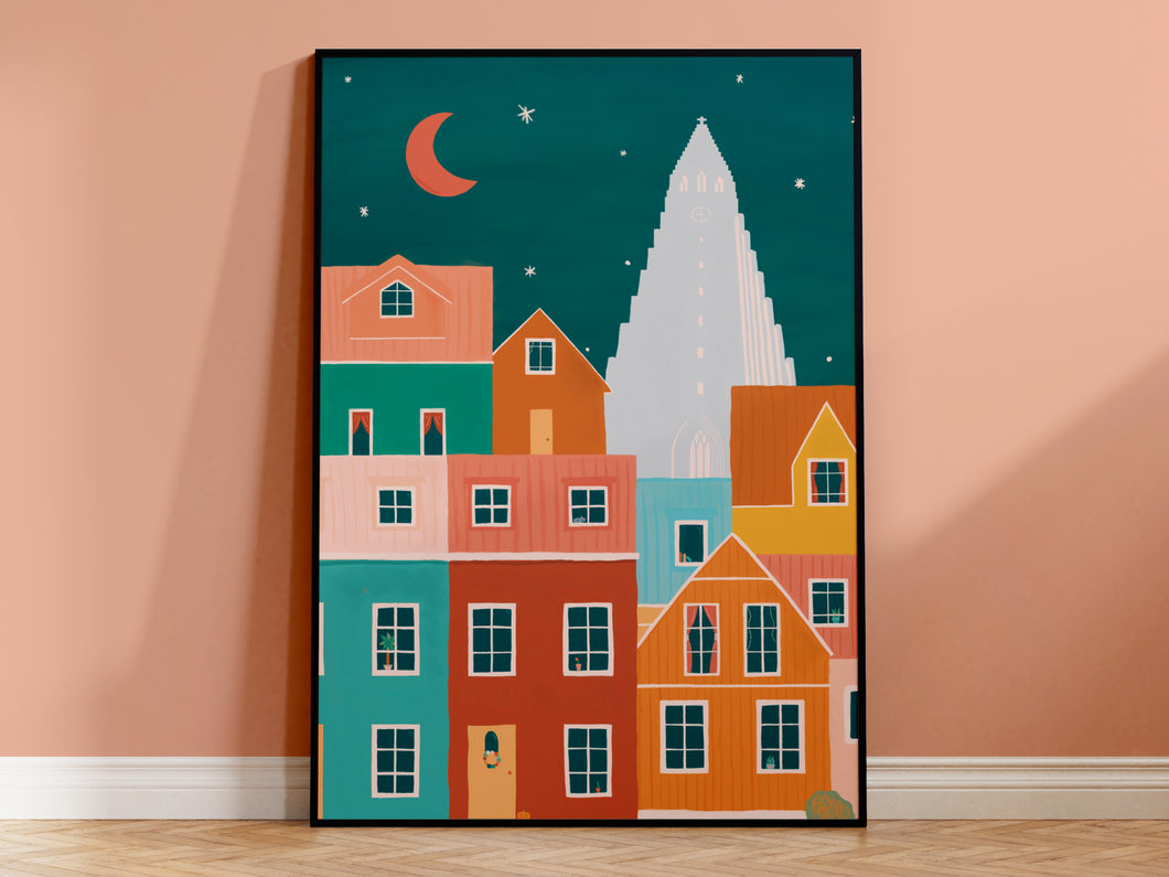 Iceland - Reykjavik Houses Illustrated Print