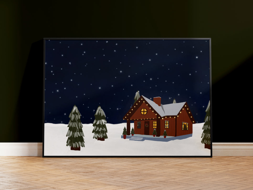 Star Night Christmas Cabin Print